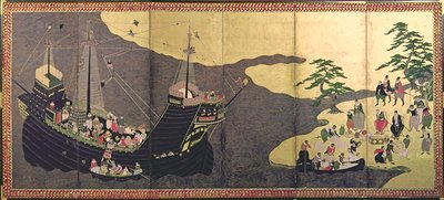 Aankomst van de Portugezen in Japan in 1640 door Japanese School